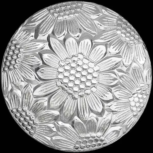 The Sunflower Concho shines bright like a field of Texas sunflowers crafted with premium German silver and a beautiful natural finish. 